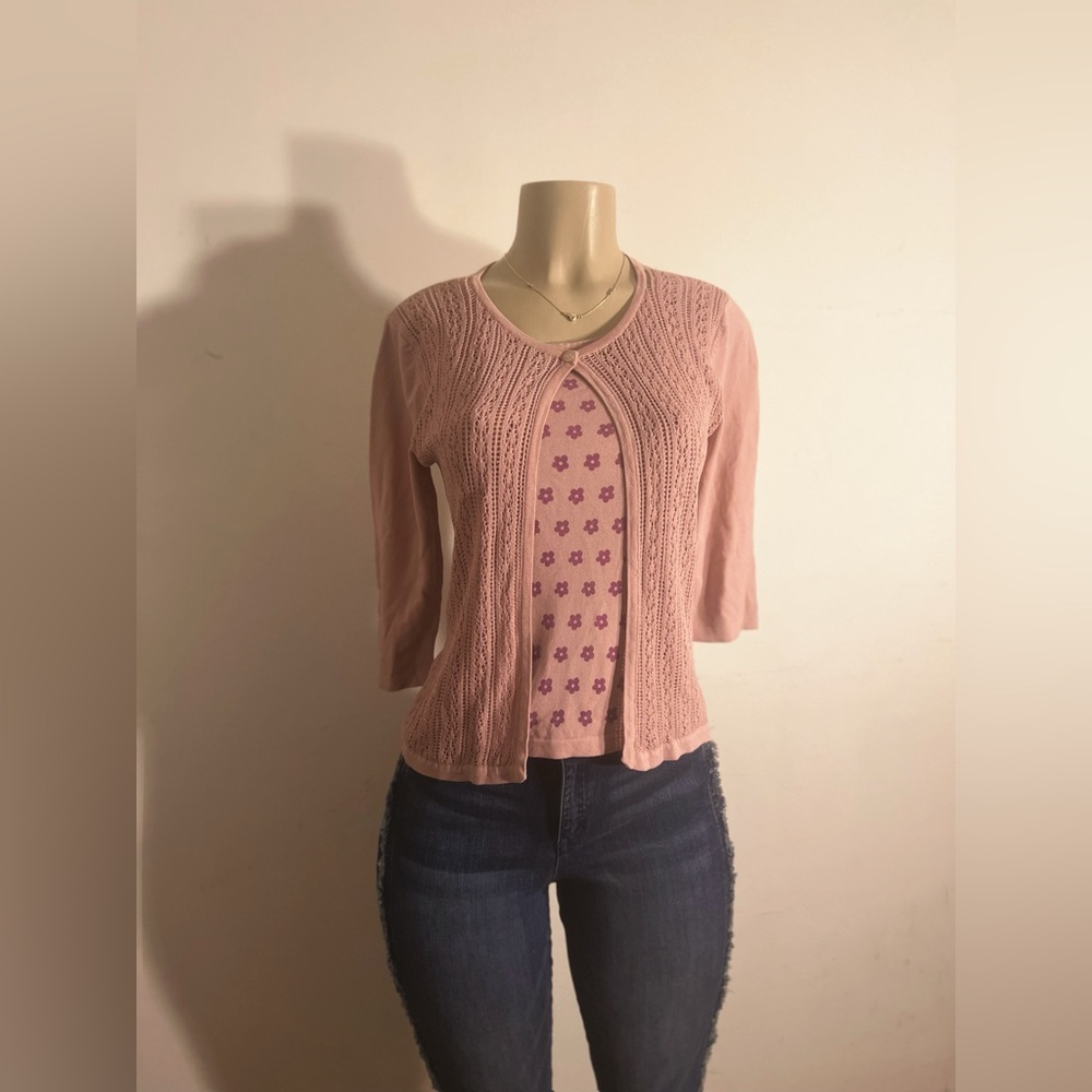 Pink 2-Piece Attached Blouse & Cardigan Set